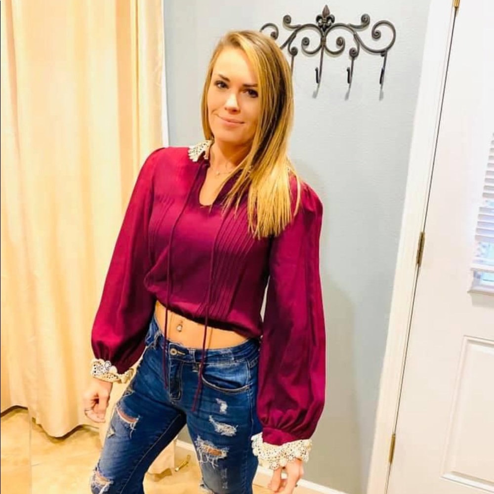 Vintage 90s maroon silk crop bell sleeve top